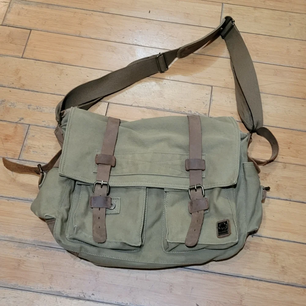 S.C. COTTON Tough Canvas Messenger Shoulder Bag Tan w/Brown Leather Accents